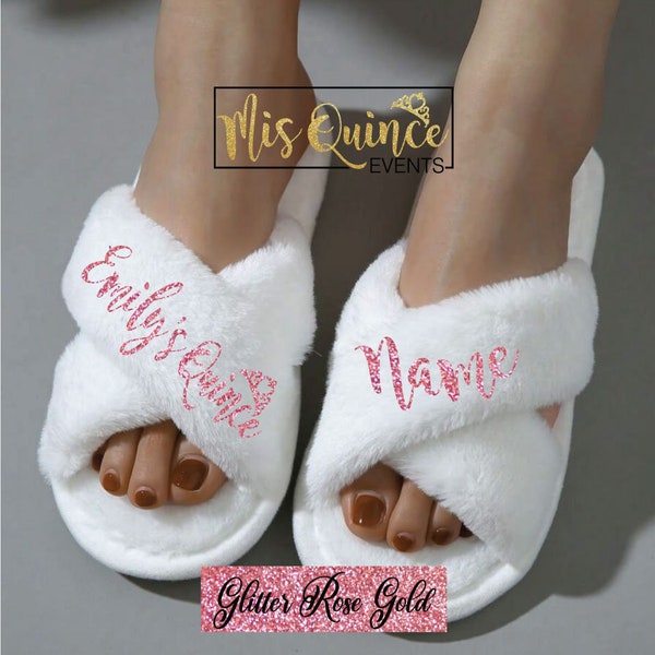 Personalized Quinceañera  Fuzzy slippers, pantuflas para Quinceañera, custom quinceañera Squad getting ready slippers, quinceañera gift.