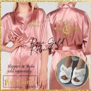 Includes FREE front personalization, Mis Quince Años satin robe with horseshoe, quince getting ready robe, sold separately quince slippers.