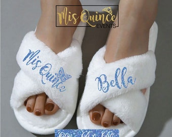 Pantuflas de Quinceañera personalizadas con mariposa, pantuflas para Quince, pantuflas de quinceañera, recuerdo de quinceañera, regalo de quinceañera.