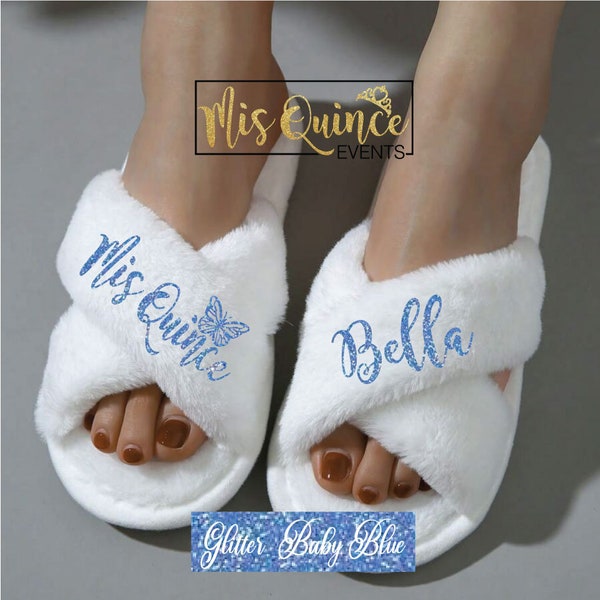 Personalized Quinceañera slippers with butterfly, pantuflas para Quince, quince getting ready slippers, quince recuerdo, quinceañera gift.