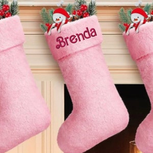 Personalized Pink Embroidered Stockings, custom name Christmas stocking.
