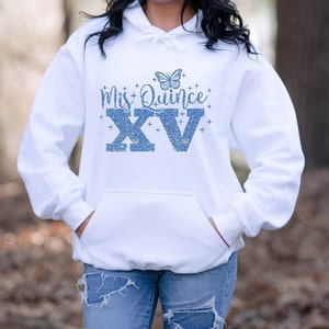 Includes FREE personalization, Mis Quince with Butterfly custom hoodie, quince squad hoodie, quinceañera gift, sudadera para quinceañera.