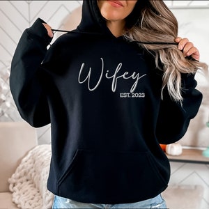 Wifey Hubby established year Embroidered hoodie, embroidered fleece sweatshirt, bridal gift, couples engagement gift, Mothers day gift.