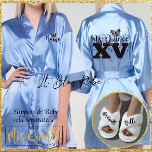 Includes FREE front personalization, Mis Quince satin robe with butterfly, sold separately Quinceañera Slippers, getting ready robe, gift.