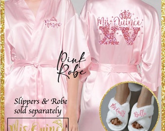 Includes FREE front personalization, Mis Quince satin robes, Mis Quince Slippers, getting ready robe, quinceañera Robe, slippers.