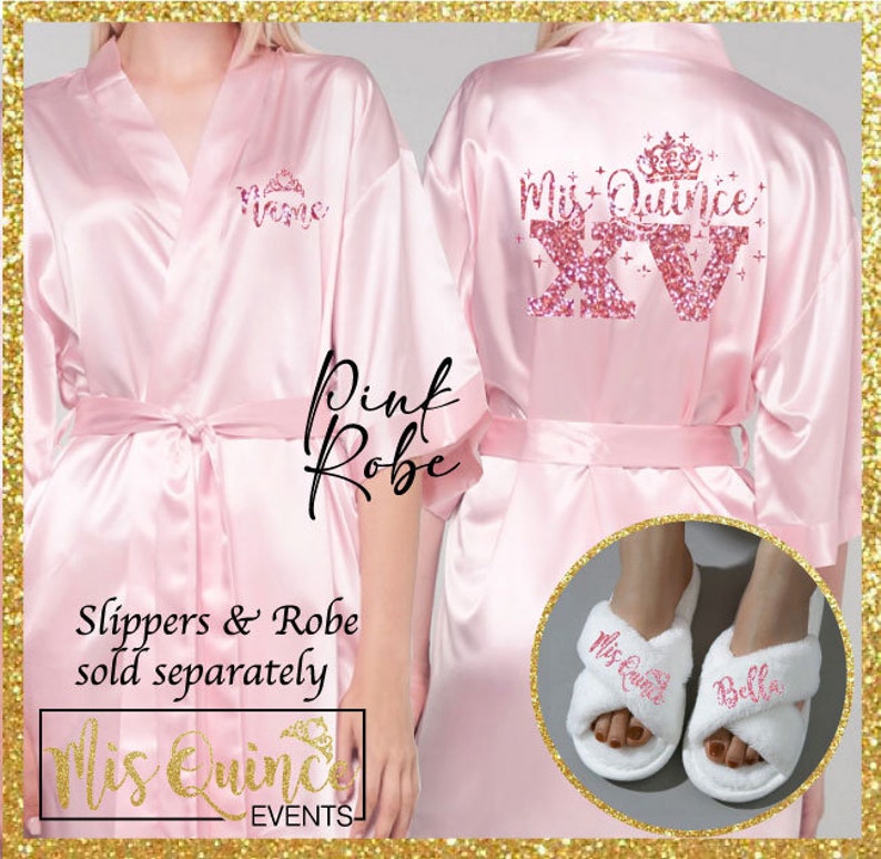 Includes FREE front personalization, Mis Quince satin robes, Mis Quince Slippers, getting ready robe, quinceañera Robe, slippers. image 1