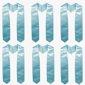 May include: Six pale blue graduation stoles are shown. Each satin stole features a V-neck design and a pointed end. The stoles are arranged in two rows of three, against a white backdrop. The fabric has a subtle sheen.