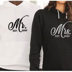 Embroidered Mr. Mrs. matching personalized unisex hoodie, wedding gift, matching hoodies, bride gift, wifey gift, valentines day gift.