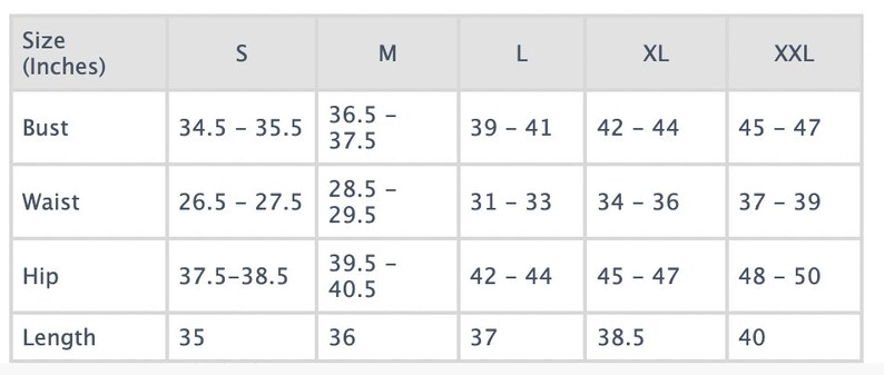 May include: A size chart for clothing with the following measurements: bust, waist, hip, and length. The chart shows sizes from S to XXL in inches.