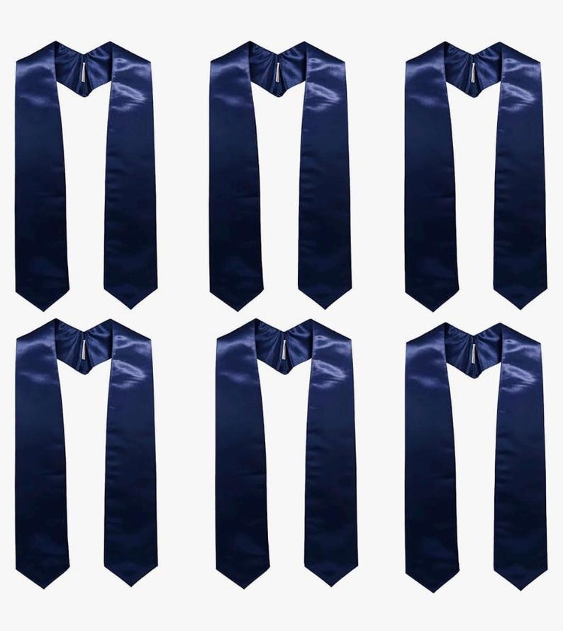 May include: Six navy blue graduation stoles on a white background. Each stole is made of a shiny, satin-like material and features a V-neck design. The stoles are arranged in a symmetrical pattern.
