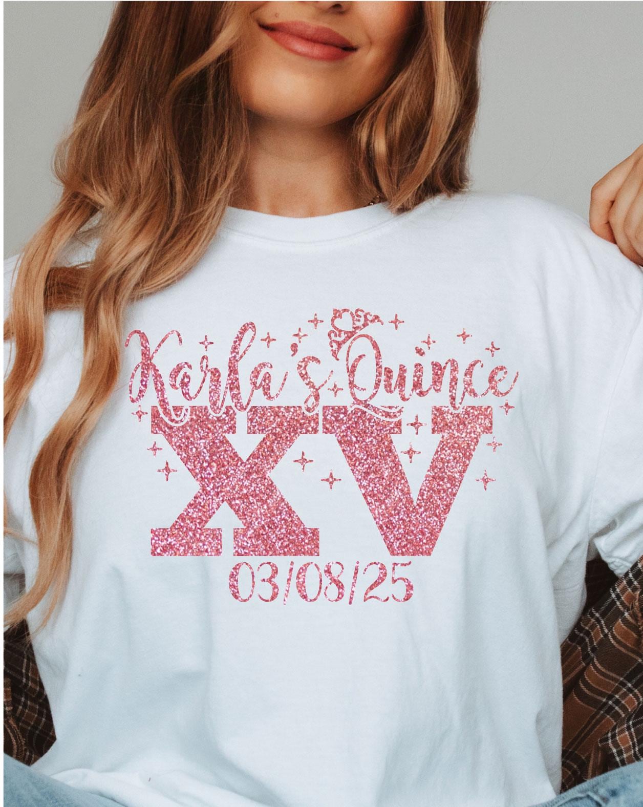 Includes FREE back personalization, Mis Quince custom tees with crown, quince squad , playera para quince, camiseta para dama y chambelán.