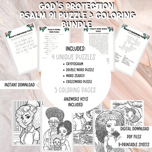 May include: A printable set of 9 worksheets featuring Psalm 91 puzzles and coloring pages. The puzzles include a cryptogram, double word puzzle, word search, and crossword puzzle. The coloring pages feature black and white illustrations of families.