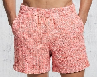 Textured Men’s Shorts – Pink Thread Woven Shorts, Luxury Tweed Style, Festival Outfit Men, Designer Inspired Shorts, Statement Menswear