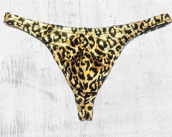 Men's Metallic Gold Leopard Pattern Thong Underwear/Swimwear