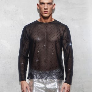 Sleeve Shirt Sheer Maxi Shirt Men's Black Sheer Mesh Long Sleeve Shirt With Dotted Detail India