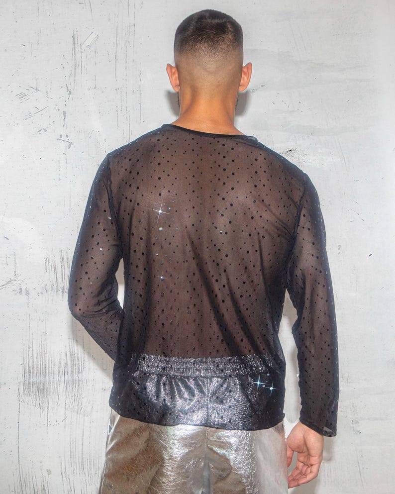 Men's Black Sheer Mesh Long Sleeve Shirt With Dotted Detail - Etsy