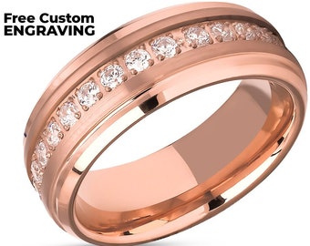 Rose Gold Tungsten Ring | Rose Gold Wedding Ring | CZ Wedding Ring | Man's Wedding Band | Anniversary Ring | Tungsten Carbide Ring | Brush