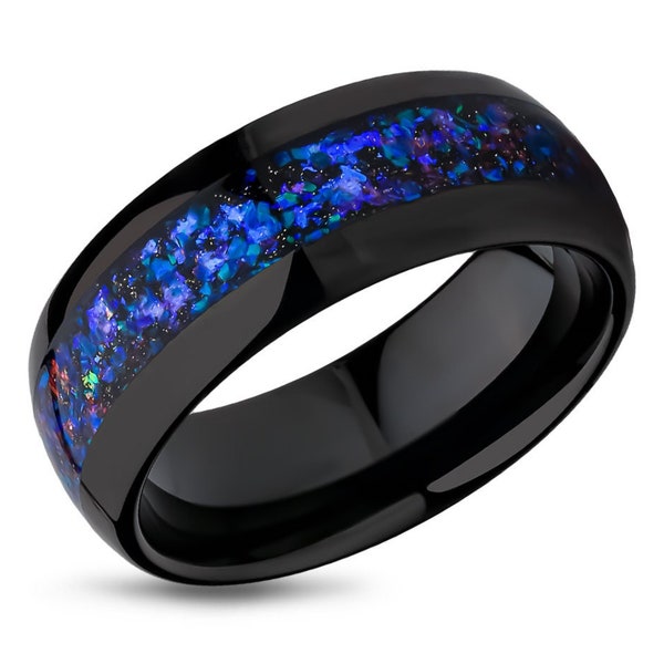 Galaxy Opal Wedding Ring,8mm Wedding Ring,Unique Tungsten Wedding Ring,Galaxy Opal Wedding Band,Blue Galaxy Opal Tungsten Ring,Comfort Fit