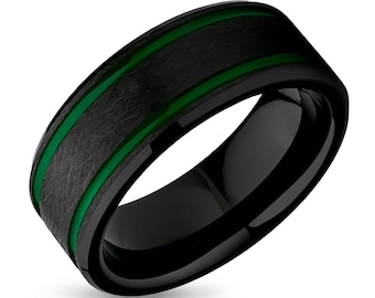 Green Tungsten Wedding Ring,Black Tungsten Ring,8mm Wedding Ring,Anniversary Ring,Man & Woman,Tungsten Carbide Ring,Engagement Ring,Green