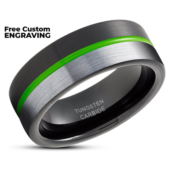 Zwarte wolfraam trouwring, zilveren trouwring, verjaardagsring, groene wolfraamring, man en vrouwen, wolfraamcarbide ring, platte ring, borstelband