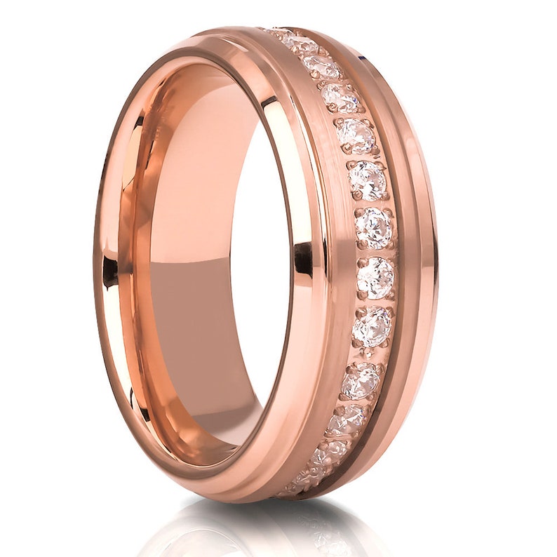 Rose Gold Tungsten Ring Rose Gold Wedding Ring CZ Wedding Ring Man's Wedding Band Anniversary Ring Tungsten Carbide Ring Brush image 3