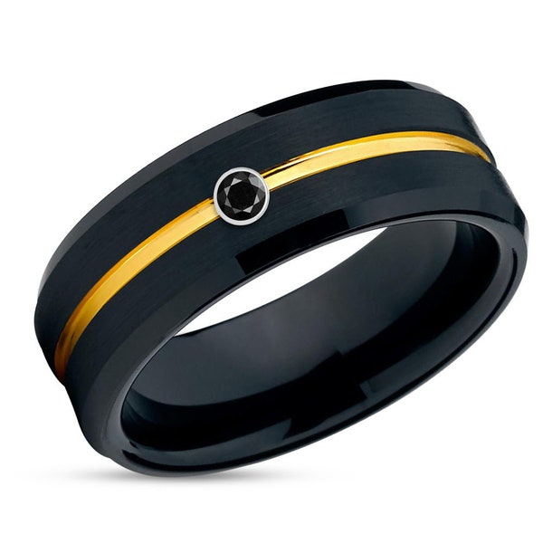 Black Diamond Ring,Yellow Gold Ring,Tungsten Wedding Band,Anniversary Ring,Engagement Ring,Tungsten Carbide Ring,18k Yellow Gold,Band