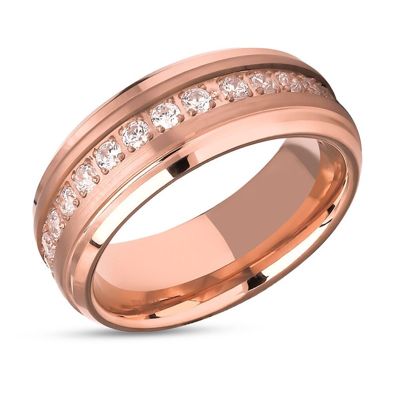 Rose Gold Tungsten Ring Rose Gold Wedding Ring CZ Wedding Ring Man's Wedding Band Anniversary Ring Tungsten Carbide Ring Brush image 2