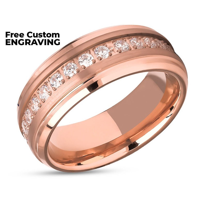 Rose Gold Tungsten Ring Rose Gold Wedding Ring CZ Wedding Ring Man's Wedding Band Anniversary Ring Tungsten Carbide Ring Brush image 1