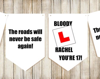 Personalised 17th birthday bunting, birthday bunting, learner driver bunting , decoration,  banner L plates decoration,just passed