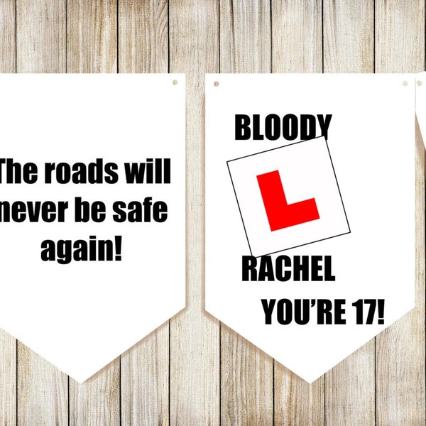 Personalised 17th birthday bunting, birthday bunting, learner driver bunting , decoration,  banner L plates decoration,just passed