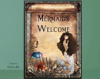 Mermaid print , vintage mermaid print , mermaid home decor , mermaid picture , mermaids cove , princess mermaid , home decor