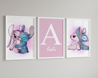 Set of 3 Personalised stitch Wall Prints | Set of 3 | stitch wall art, Watercolour | Nursery Prints | PRINTS ONLY | Size A4 stitch and angel