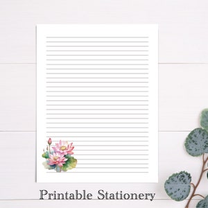 Cancelleria stampabile con fiori di loto, carta da lettere con lettere floreali, cancelleria floreale, diario carta foderata senza fodera, regalo per lei