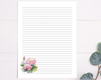 Lotus Flower Printable Stationery, Floral Letter Writing Paper, Floral Stationery, Journal, Journaling, Lined Unlined Paper, Gift For Her