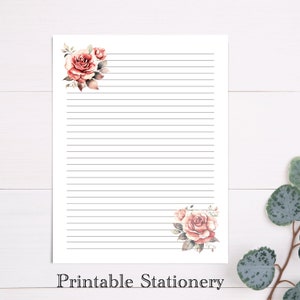 Papelería imprimible de rosas vintage, flores, papel de escritura de cartas florales, diario, papel de diario, rosa, papelería floral, regalo para ella
