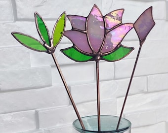 Stained Glass Lotus Flower Bouquet 3 Stem Everlasting Wild Flower Arrangement flowery plant poppy stake unique bohem home decor garden