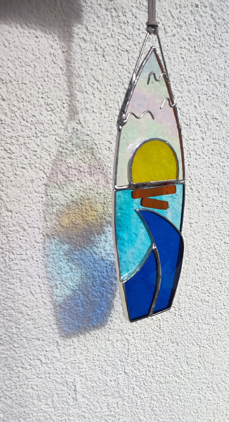 Stained Glass Surfboard Suncatcher, Hawaii Beach Decor, Sea Life Wall