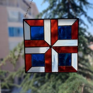 Patriottische vlag glas-in-loodraam hangend, kruis vlag glazen paneel, 4 juli Memorial Day Gift, Fourth of July glas-in-loodraam Suncatcher