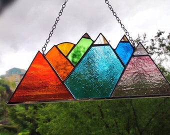 Misty Mountain Stained Glass, Smoky Mountains Suncatcher, 7 Element Chakra Rainbow Rocky Sun Panel, Mountain decor ornament,birhtday gift