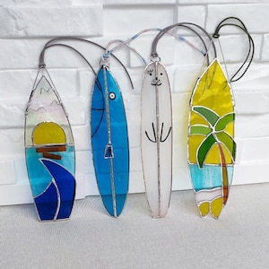 Stained Glass Surfboard Suncatcher, Hawaii Beach Decor, Sea Life Wall Hanging, Ocean Wave Home Decoration , Seal, Fish, Sunset Glass  Design