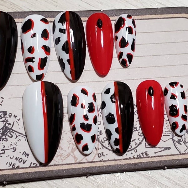 Handmade custom gel cured Cruella Deville press on nails
