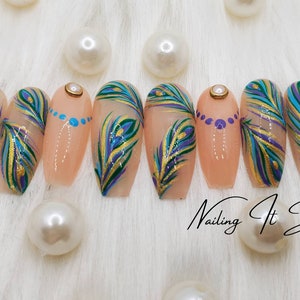 Handmade gel Peacock feather press on nails