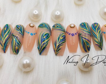 Handmade gel Peacock feather press on nails