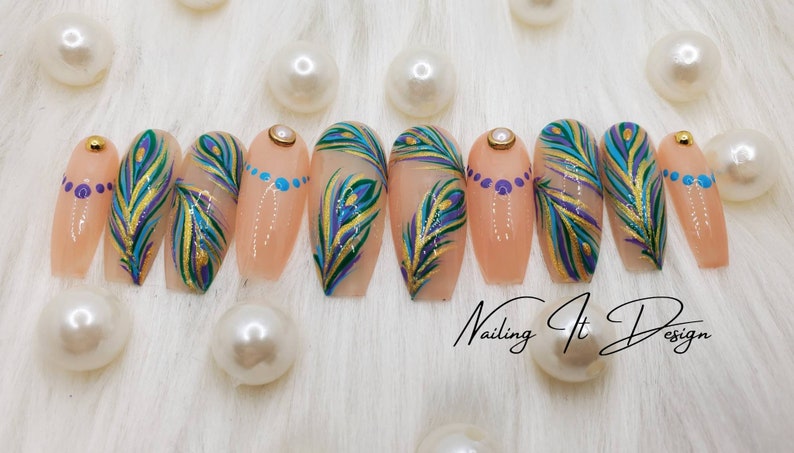 Handmade gel Peacock feather press on nails image 1