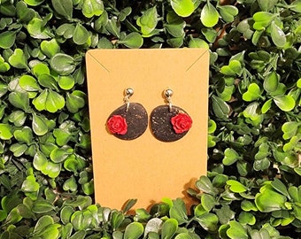 Handmade black and gold polymer clay earrings with red roses