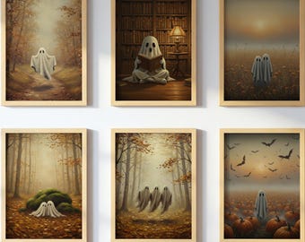 Vintage Halloween Wall art, ghost print, Fall Painting, Halloween Decor, Farmhouse Gallery Wall Set, Downloadable Prints