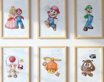 Super Mario WALL ART prints, Gallery Wall art, Set of 6 Downloadable Prints, Super Mario movie, Kids Room, Mario Movie poster wall decor