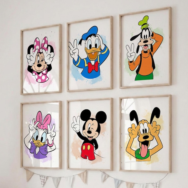 May include: Six framed Disney character prints. Minnie Mouse, Donald Duck, and Goofy are in the top row. Daisy Duck, Mickey Mouse, and Pluto are in the bottom row. Each character is making a peace sign.