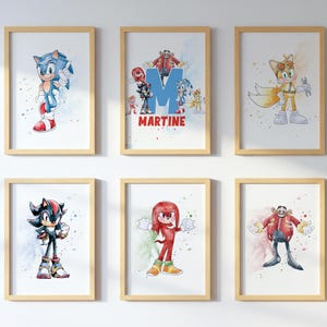 Láminas de arte mural personalizables de Sonic the Hedgehog, juego de 6 láminas descargables, película Sonic & Shadow, habitación infantil, póster de Sonic para decoración de pared.