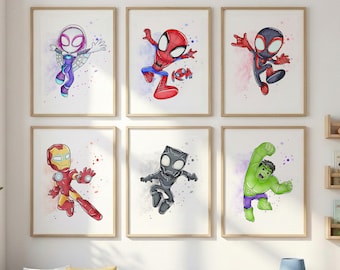 Spidey and His Amazing Friends WALL ART prints, Gallery Wall art, Set of 6 Downloadable Prints, Spidey Kids Room, Spidey poster wall decor